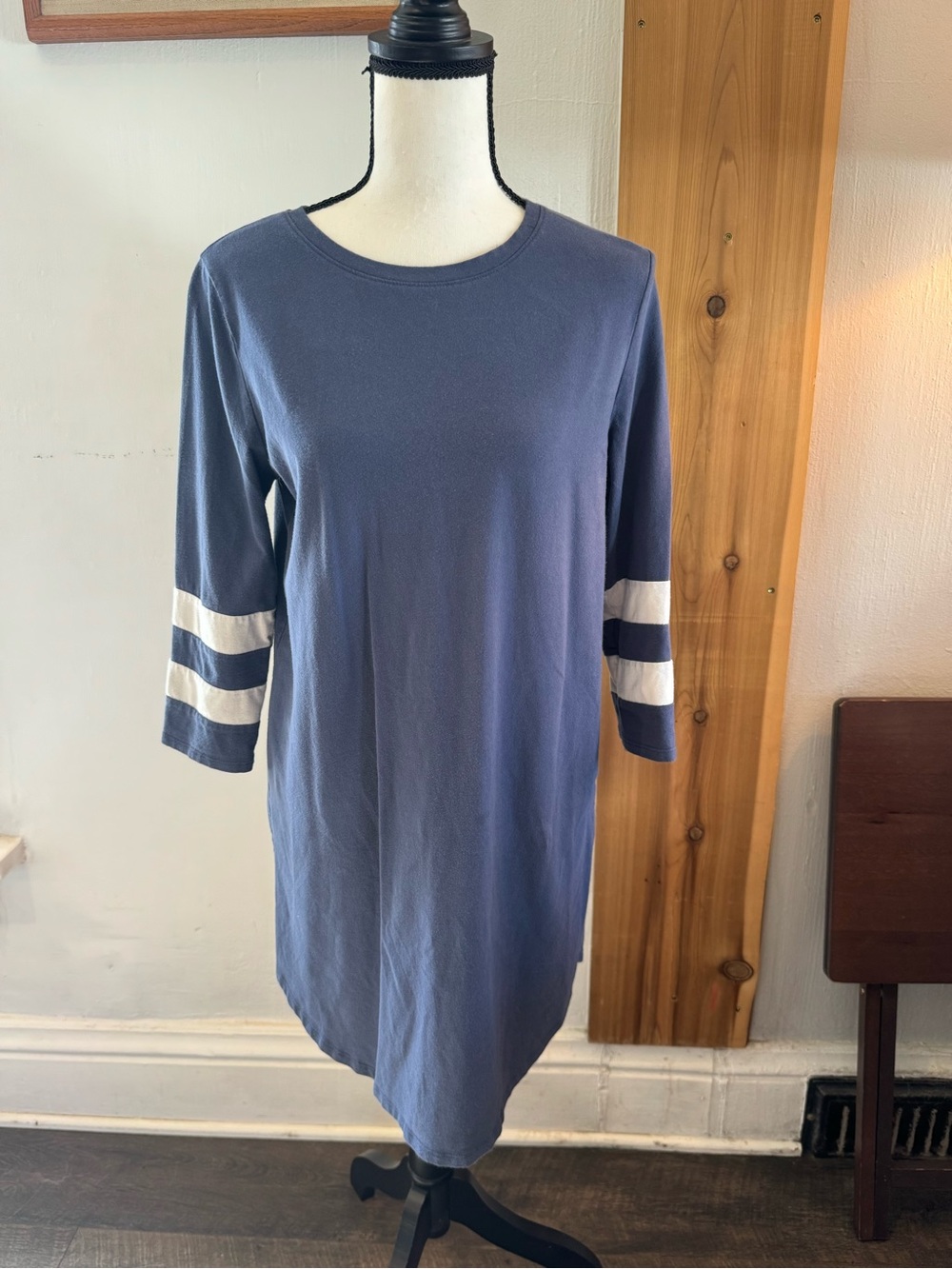 Navy Midi Shift Dress with White Sleeve Stripes